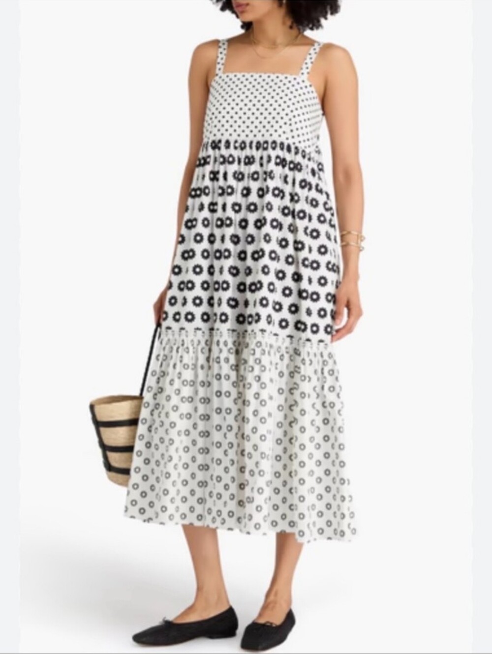 Tory Burch Black and White Polka Dot Floral Print Dress